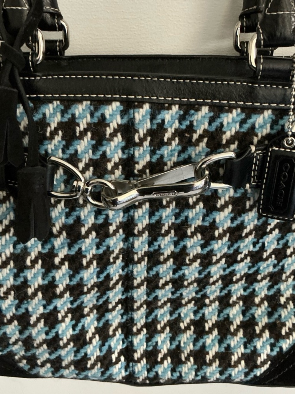 Coach Houndstooth Tweed Tote - Black, Blue & White